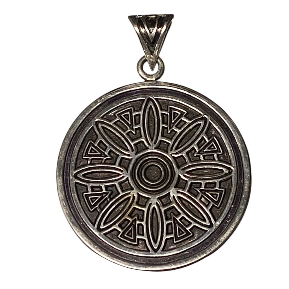Round Artisan Pendant Oxidized Silver Tone Indian Boho Jewelry Bold Statement